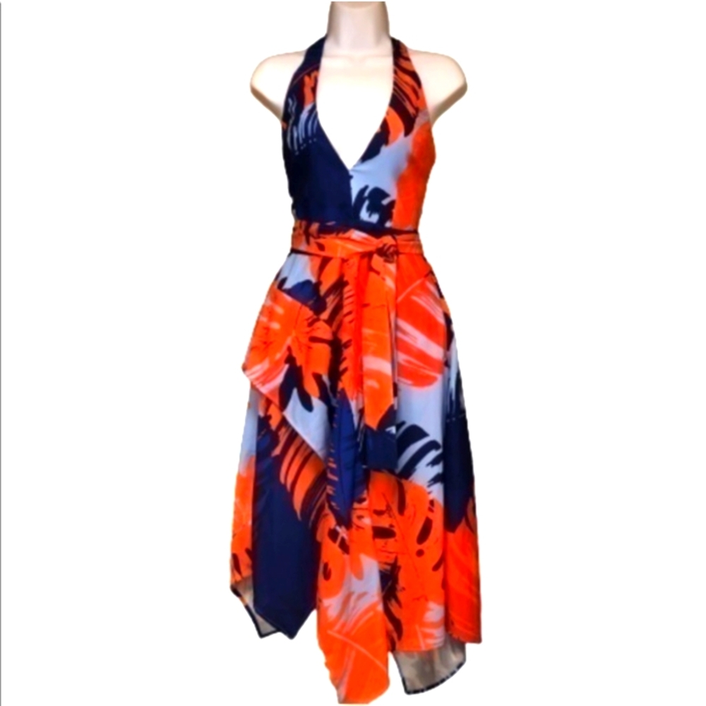 NICHOLAS Red and Blue Palm Print Crepe Halter Dress, Handkerchief Hem, EUC, 4